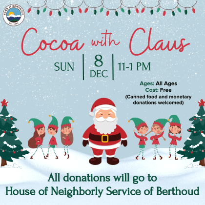 Cocoa with Claus on Sunday, December 8, 2024, from 11:00 AM to 1:00 PM