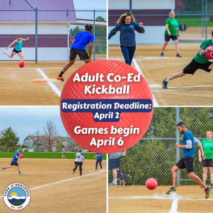 Adult Co-Ed Kickball Spring 2025. Registration deadline April 2. Games begin April 6.