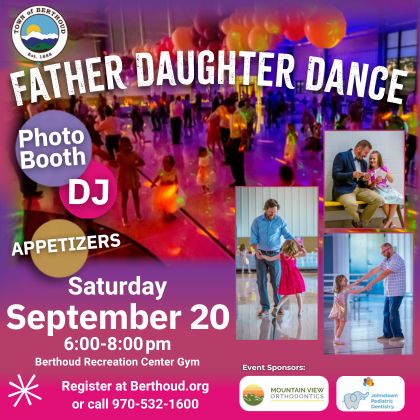 Father Daughter Dance on September 20 from 6:00 pm to 8:00 pm. DJ, photo booth, and appetizers.