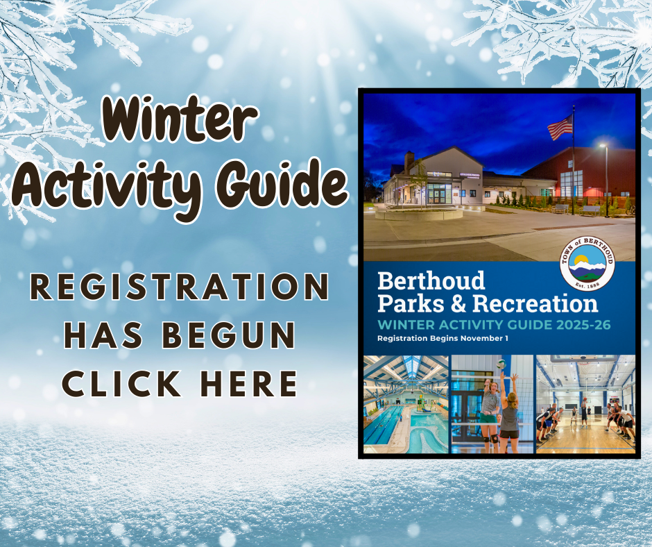 Snowy background with the cover page of the Berthoud Recreation Winter Activity Guide