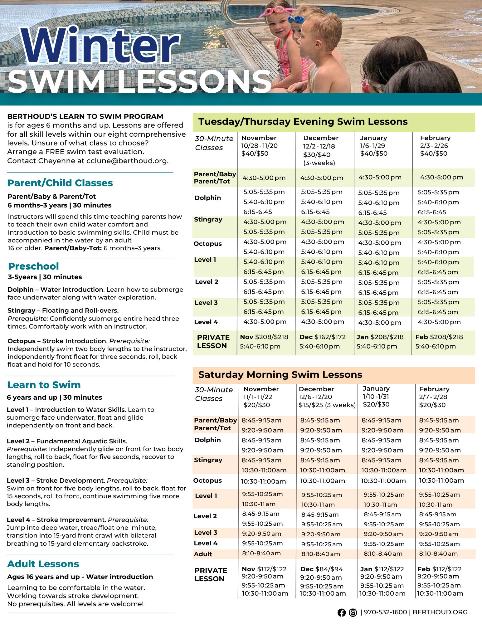 Berthoud Recreation Winter 2025 swim lessons flyer. For more information please call 970-532-1600