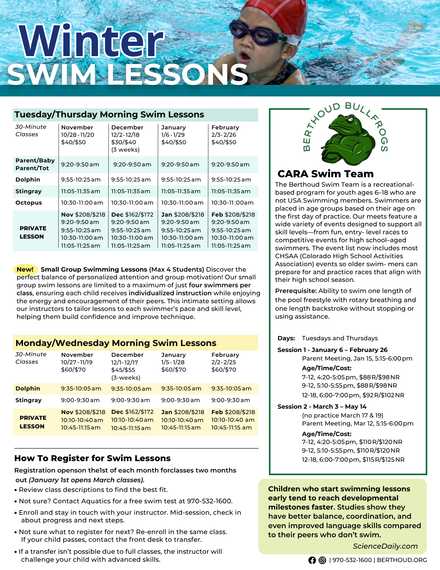Berthoud Recreation Winter 2025 swim lessons flyer. For more information please call 970-532-1600