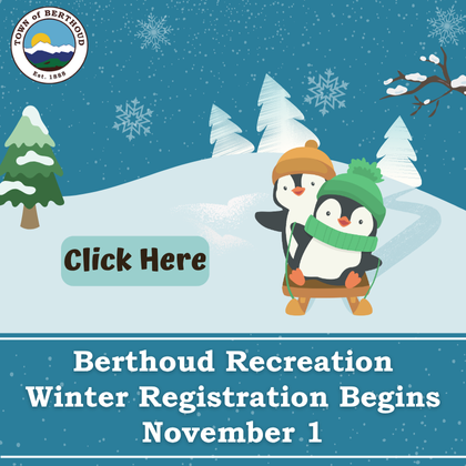 Penguins sledding with text reading Berthoud Recreation Winter Registration Begins November 1