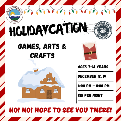 Holidaycation promotional graphic featuring a gingerbread house and the text “Games, arts, and craft