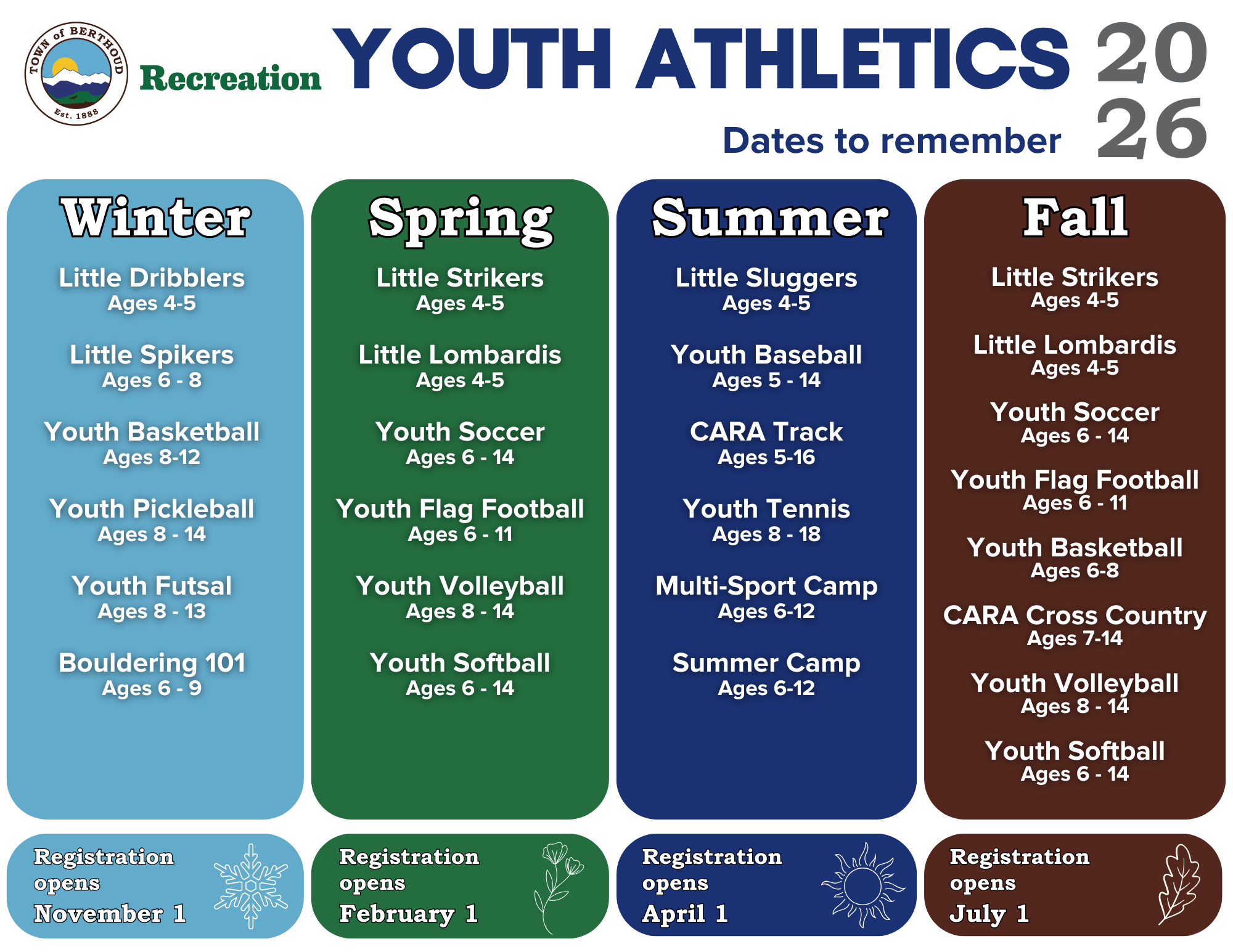 A list of youth sports offered each season in 2026. For more information call 970-532-1600