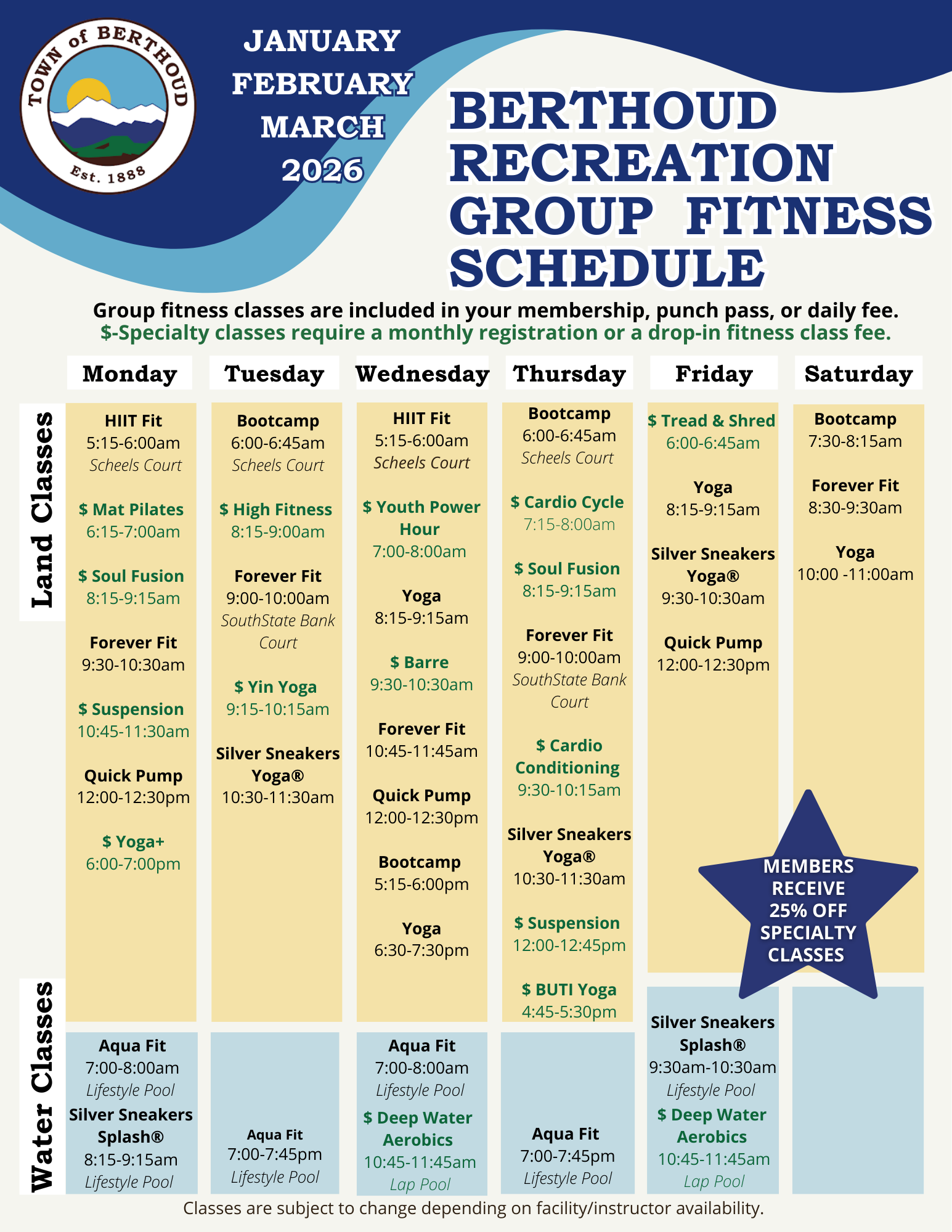 Berthoud Recreation winter group fitness schedule. For more information please call 970-532-1600