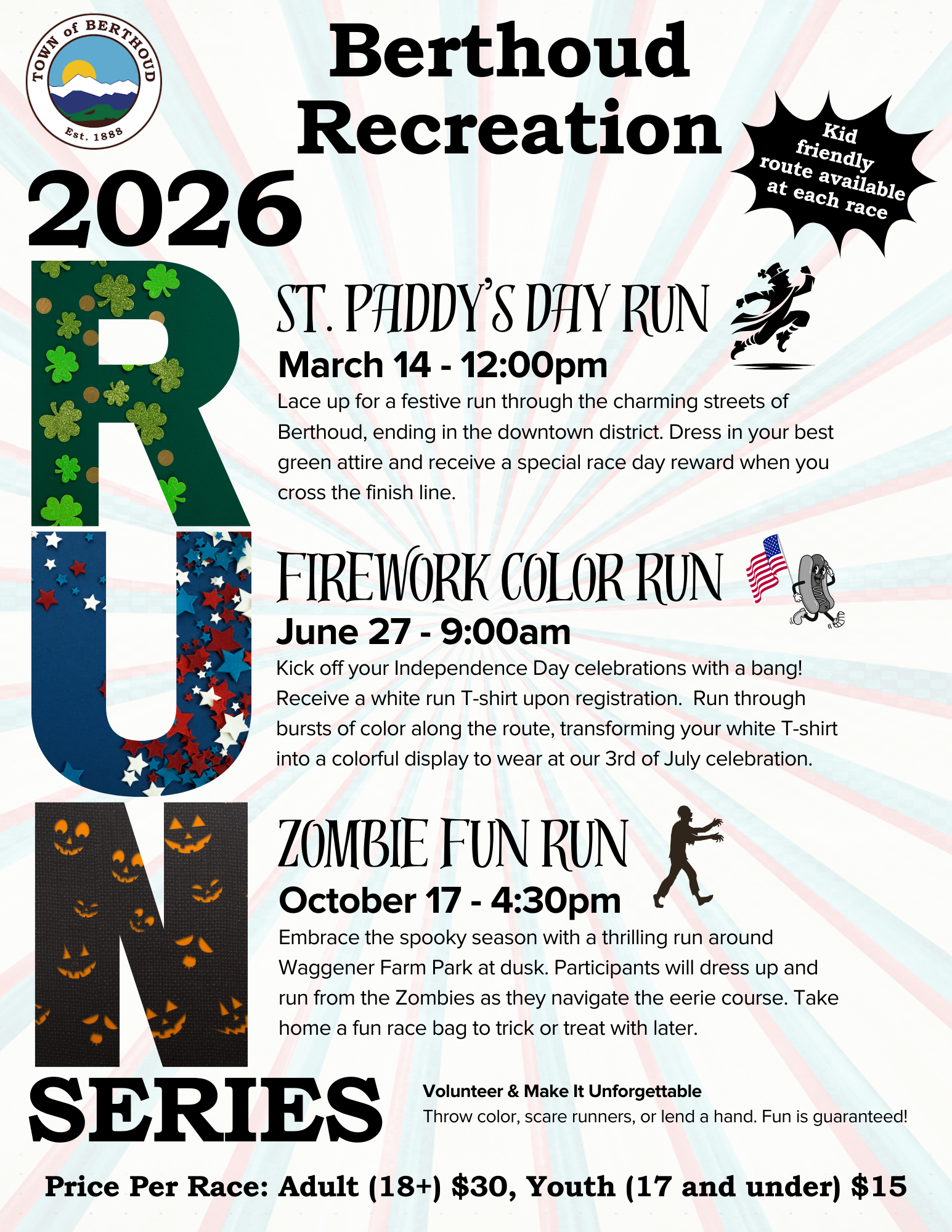 Graphic promoting 2026 Berthoud Run Series, featuring the St. Paddy’s Day Run, Firework Color Run