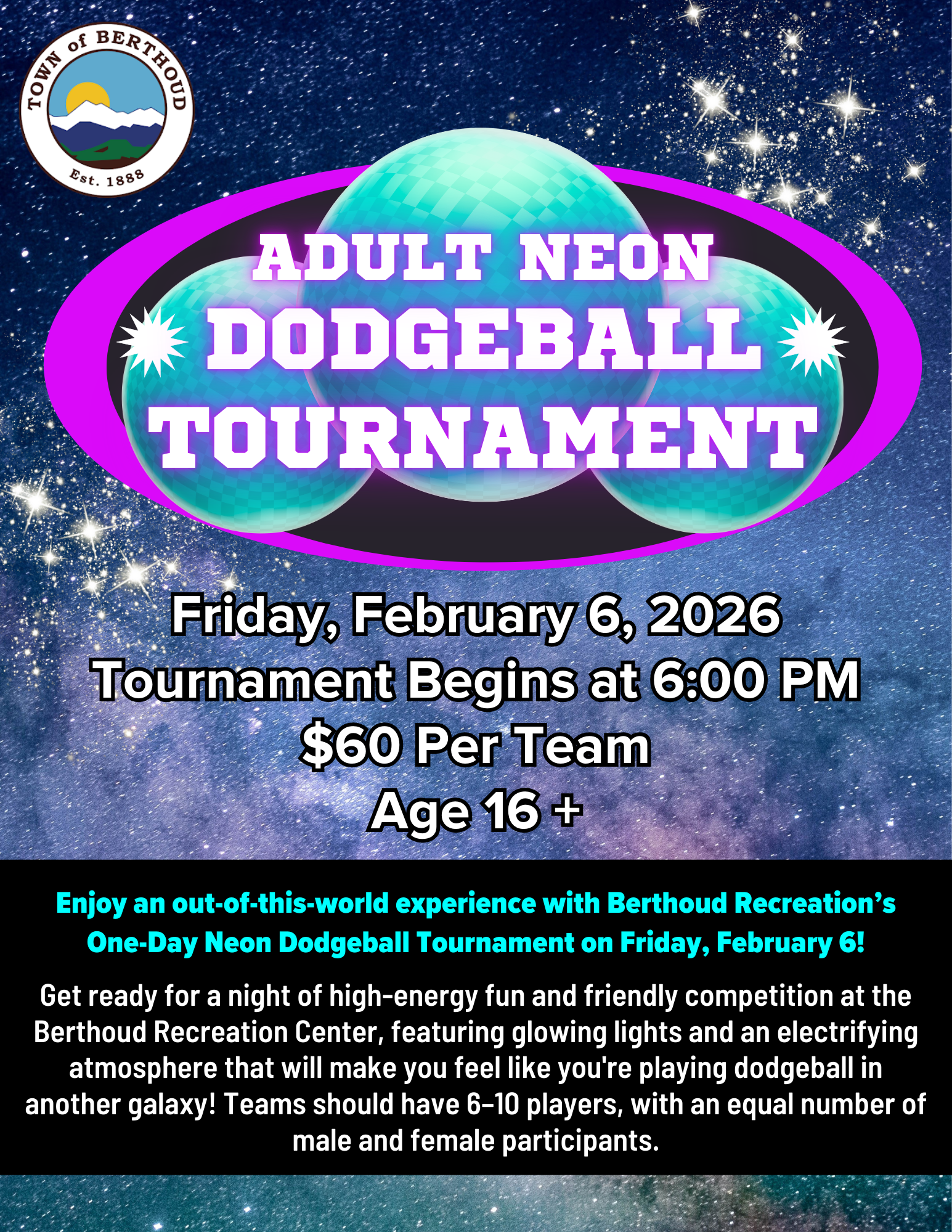 Colorful, space themed flyer promoting an adult Neon Dodgeball tournament on January 3.